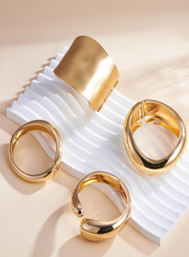 MEDOJO 4 Pcs Women Golden Cuff Bracelet Hinged Design Bracelet Trendy Chunky Cuff Bangle Thick Golden Bracelets for Women - Image 3